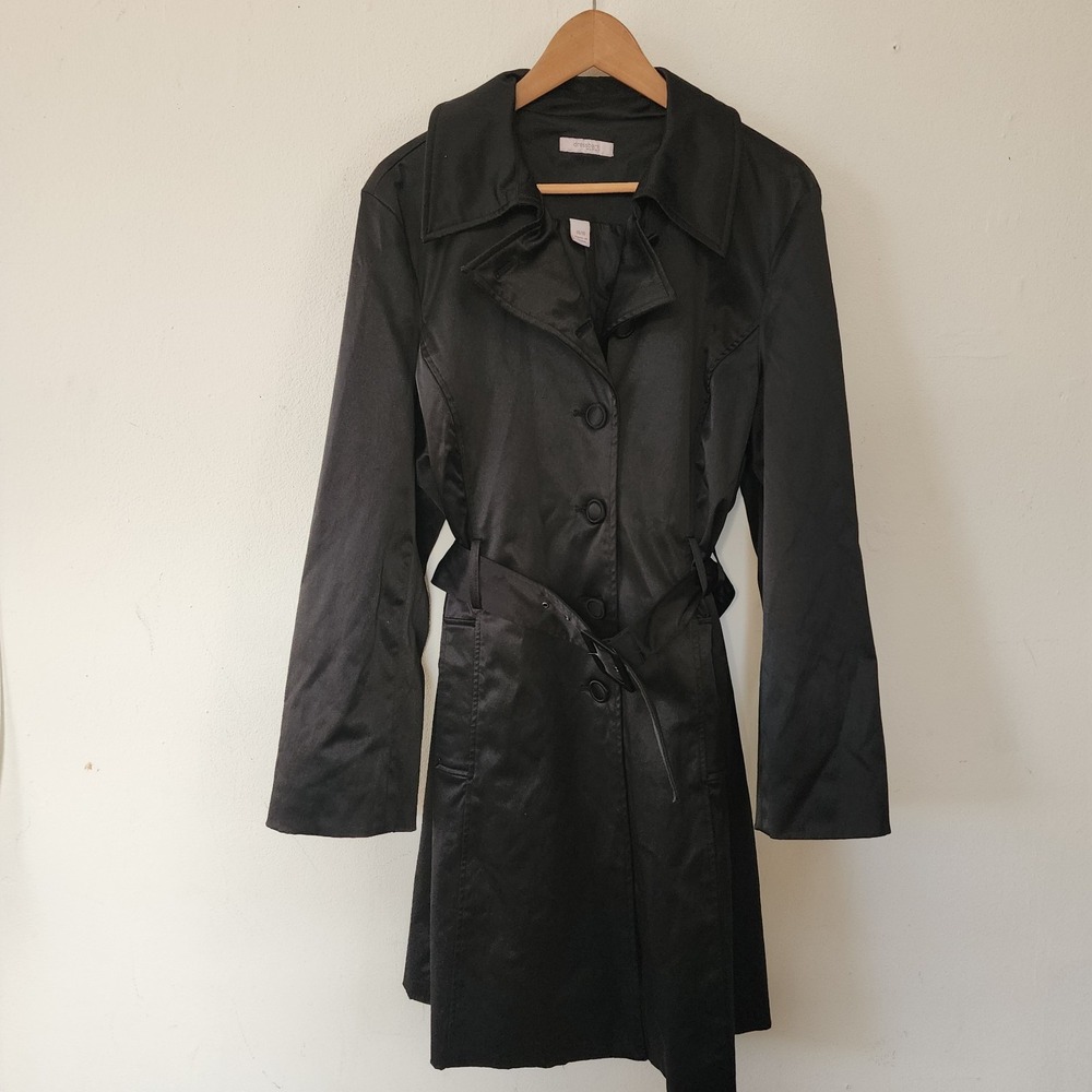 Womens Y2K Shiny Black Trenchcoat by Dressbarn Size 14/16